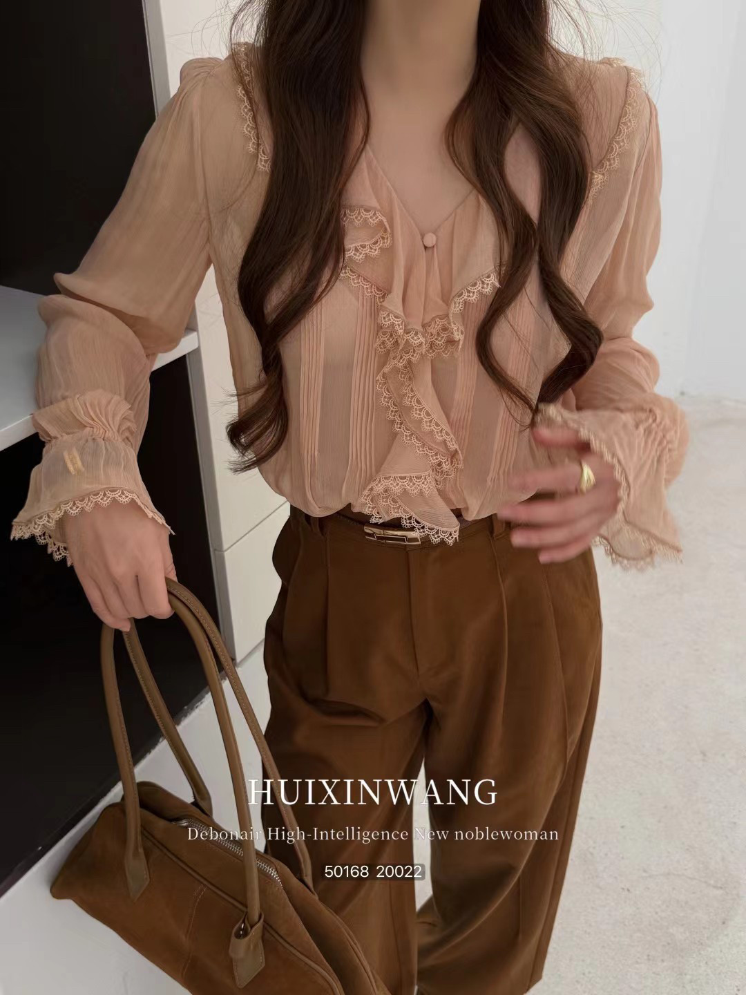 智性女菁英 高及柔光Modal/打条荷叶花边荡领设计感小众衬衫上衣
