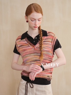 日落暖色调趣味混合花纱复古针织背心毛衣马甲外套书卷气叠穿马夹