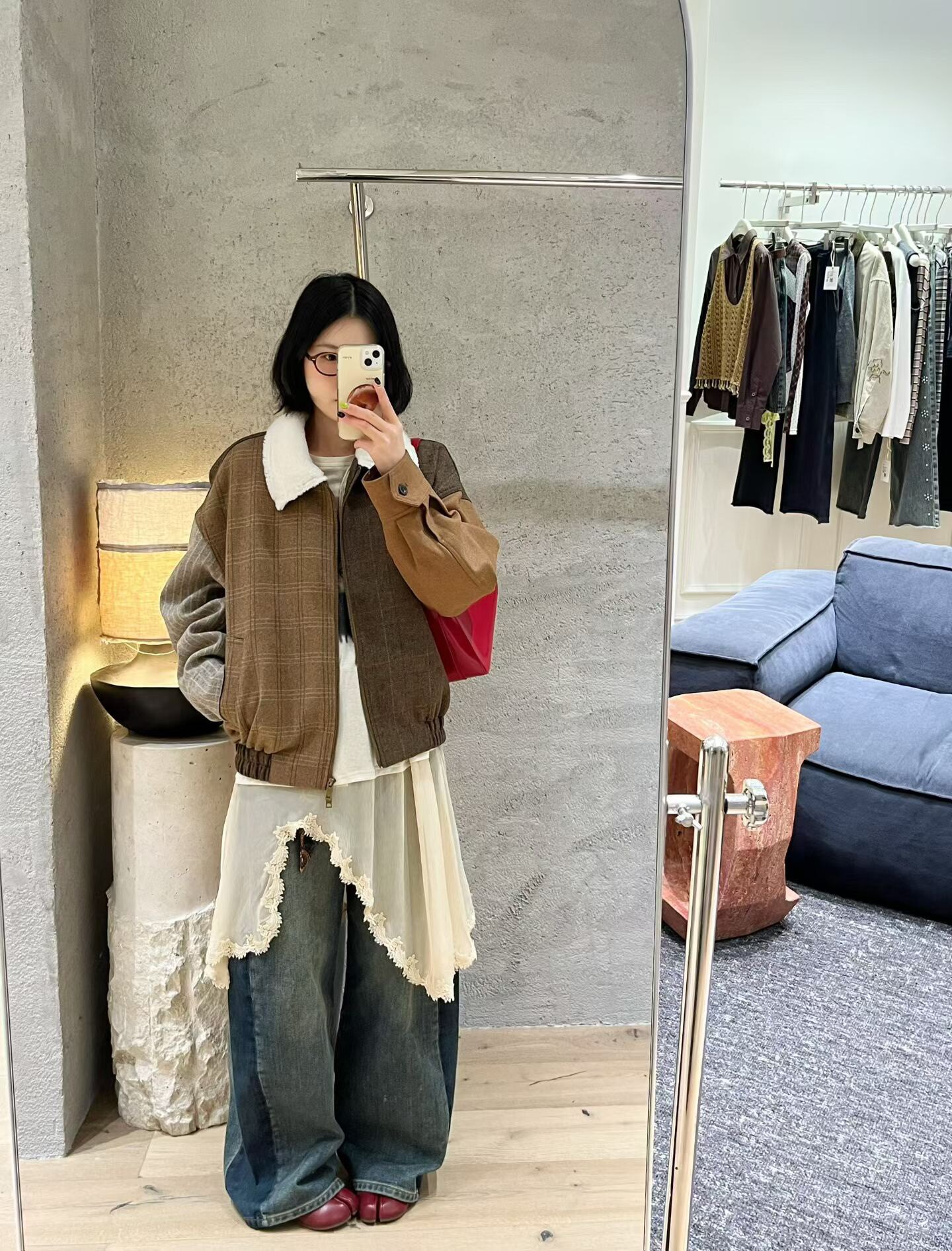 城市游踪 毛领鹅绒派克服外套秋冬新款加厚格纹呢子学院风羽绒服
