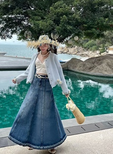 毛边工艺 敲精美渐变水洗fashion chic早春新款牛仔显瘦半身长裙