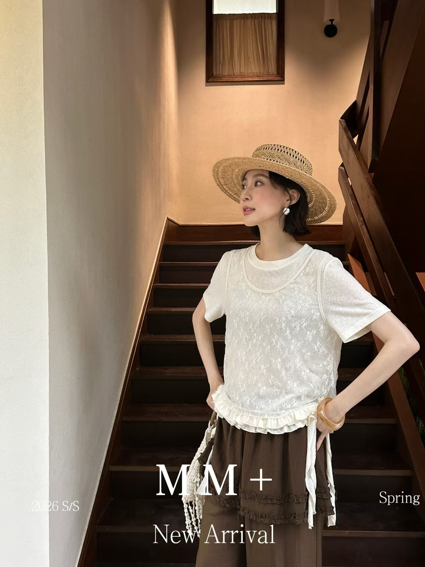 螺钿-木耳花边T恤|舒服小众刺绣蕾丝两件套短袖上衣桑蚕丝阔腿裤