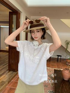 时髦小姨风_手工勾花刺绣短袖针织衫女春季白色松软清新文艺小衫