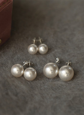 吴小姐韩代同品质fever气质耳环正圆强光施家珍珠925银耳钉女耳夹