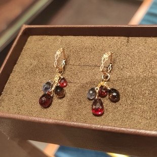 日系agete同款石榴果实耳坠 石榴石堇青石茶晶925银耳环 女礼物