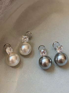 江喜同款 施家澳白真多麻灰色 法式戴妃珍珠耳钉女轻奢小众女生