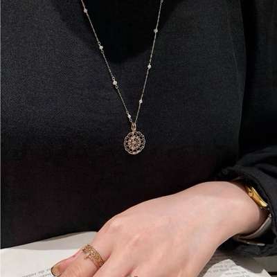 agete日系同款 精致镂空蕾丝925银吊坠 14k包金珍珠项链女生礼物