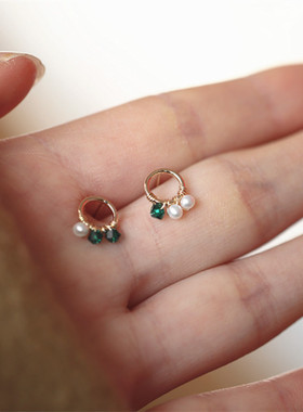 德伯家的苔丝原创手工进口925纯银镀金天然珍珠绿色耳钉耳环