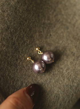 九紫琉璃 施家进口奥地利灰紫色珍珠耳环14k包金耳钉简约耳夹女