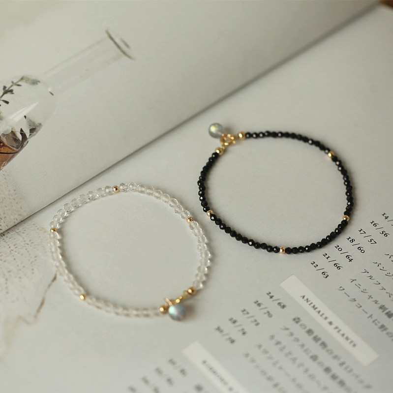 特 黑白配 黑尖晶石 天然白水晶拉长石14k包金细手链