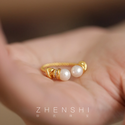 【甘来】天然淡水珍珠戒指女款 正圆强光双珠轻奢开口食指戒戒圈