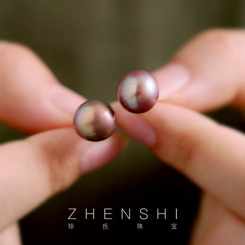 【璇梦】天然淡水正圆紫色珍珠耳钉女 S925银法式轻奢高级感耳饰