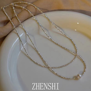 925银闪耀双层叠戴小众颈链锁骨链 天然淡水珍珠项链女 碎银子