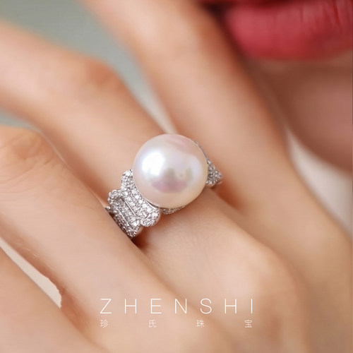 【西锦】天然淡水珍珠戒指女款 925银正圆锆石时尚轻奢大气高级感