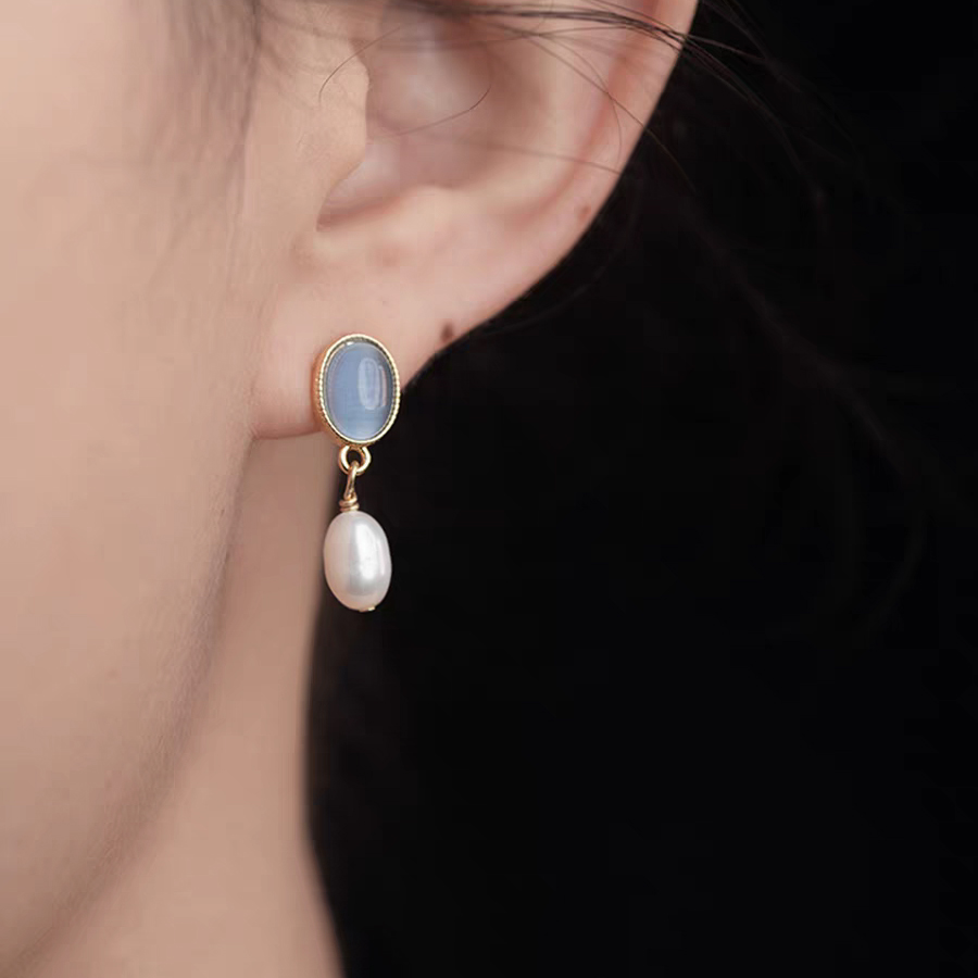 【沁蓝】天然淡水珍珠耳钉女款 猫眼石法式温柔复古优雅耳环耳饰