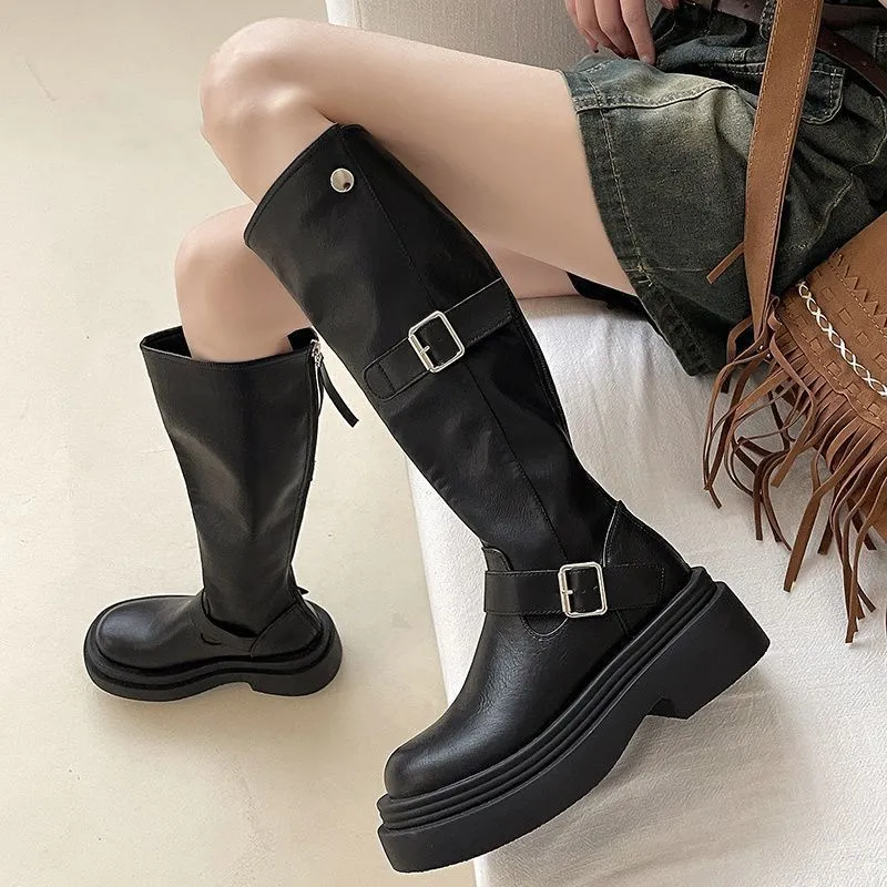 长筒靴女款2025春秋新款高筒棕色小个子长靴不过膝厚底靴子骑士靴