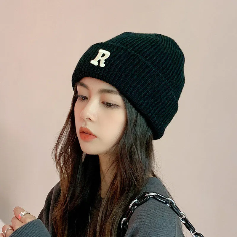 韩版秋冬R字母针织毛线帽子男女保暖网红百搭护耳日系ins套头帽子