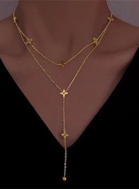 钛钢双层项链L花流苏链十字花锁骨链主播直播间新款装饰链网红女