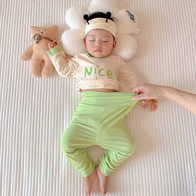婴儿高腰护肚套装春秋季女宝宝莫代尔分体无痕睡衣儿童衣服