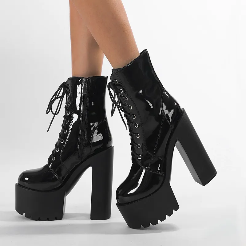 长期做货14cm超高跟防水台光面大码女士靴子鞋34-43码跨境