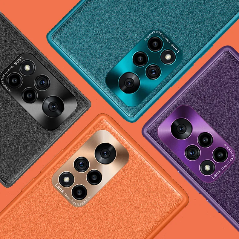 适用华为Pura70素皮手机壳Mate60Pro+金属镜头荣耀100精孔保护套