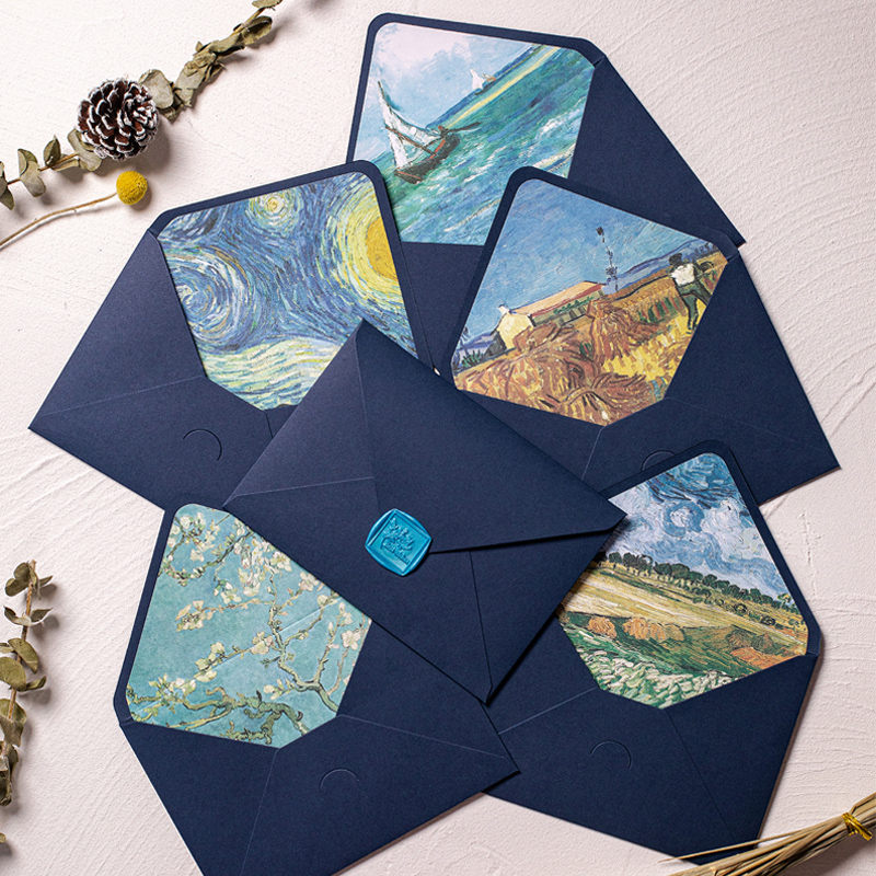 蓝色高端梵高浪漫信封印刷信纸
