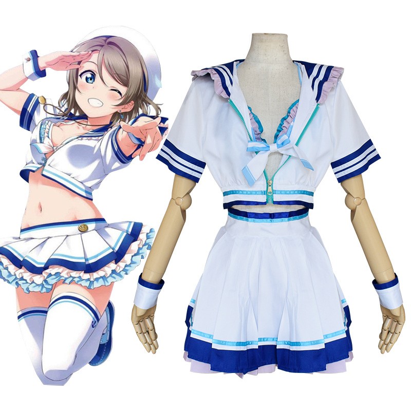 love live学园偶像祭cos 渡边曜篇水手服Cosplay泳衣套装带帽子