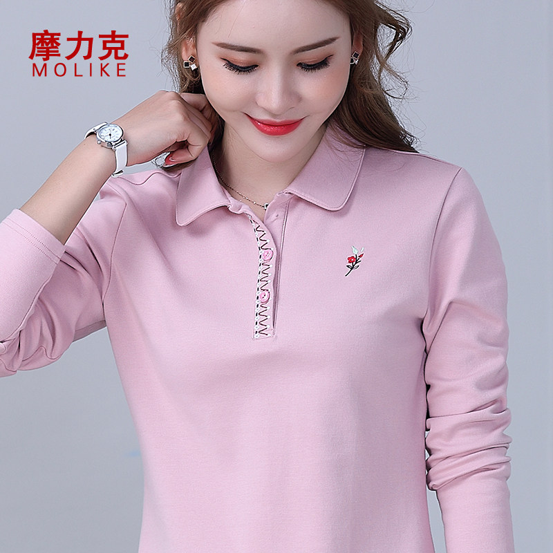 翻领上衣女带领秋衣宽松妈妈秋装有领秋款polo衫春秋t恤长袖中年