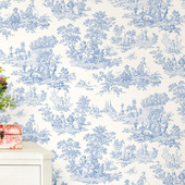 法式 乡村复古墙布背景墙无缝全屋 古典中国风壁纸画蓝色青花瓷美式