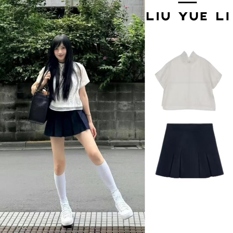 柳多恋明星同款JK学院风娃娃领衬衫短款韩系甜美上衣半身裙套装夏