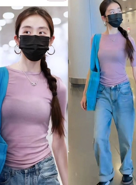 黄多多同款粉紫色修身短袖T恤女2025夏季新款纯欲风打底衫上衣潮