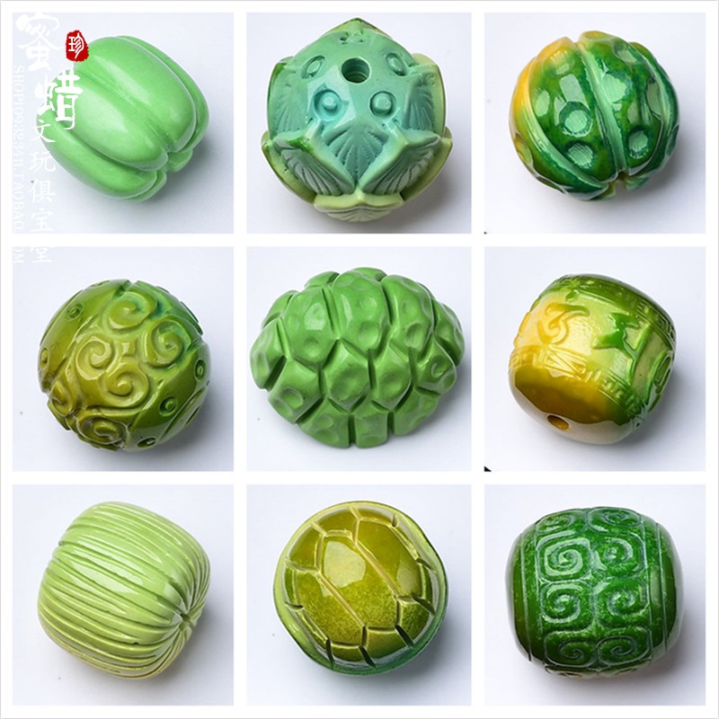纯天然原矿绿松石菜籽黄油绿高瓷老型单珠散珠回纹珠富甲莲花配饰