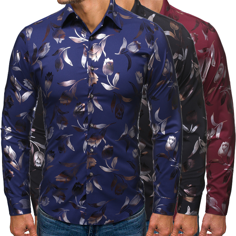 New fashion versatile gilded casual Lapel men's long sleeve flower shirt fashion stand collar men's wear