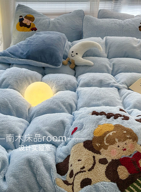 是个甜仔｜ins卡通蓝色加厚羊羔绒四件套1.8牛奶绒法莱绒男孩冬天