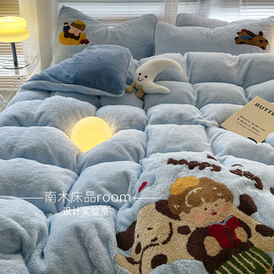 是个甜仔｜ins卡通蓝色加厚羊羔绒四件套1.8牛奶绒法莱绒男孩冬天