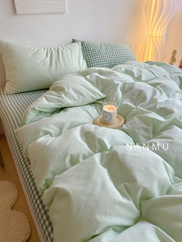 简约清新绿纯棉四件套格子床单