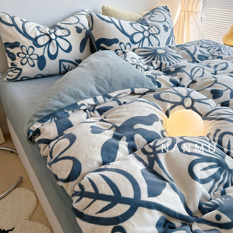 蓝色系田园风加厚牛奶绒床品