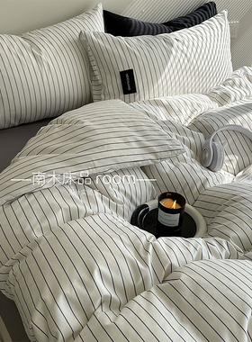 山复尔尔｜ins盐系条纹全棉四件套中性黑白灰色系纯棉三件套1.8笠