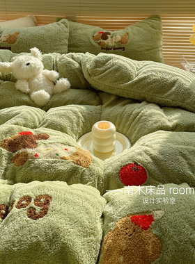 腊肠狗｜ins治愈绿色加厚双面泰迪绒四件套1.8床笠牛奶绒冬天保暖