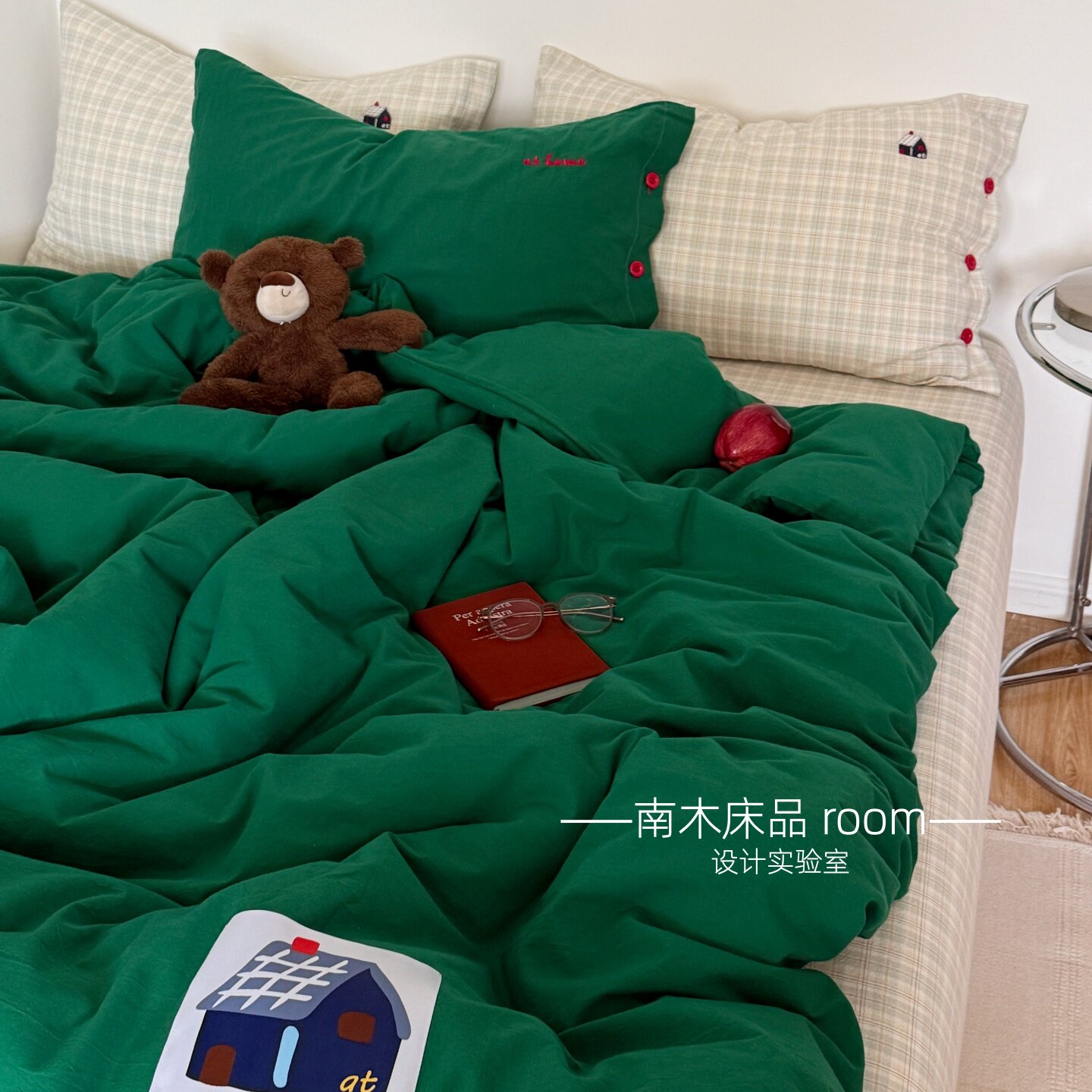 复古森林｜ins博主同款绿色全棉水洗棉四件套1.8床笠混搭格子纯棉