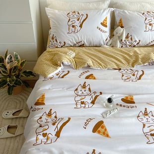 喵喵披萨店｜炒鸡可爱小猫纯棉四件套ins风宿舍全棉三件套床笠款