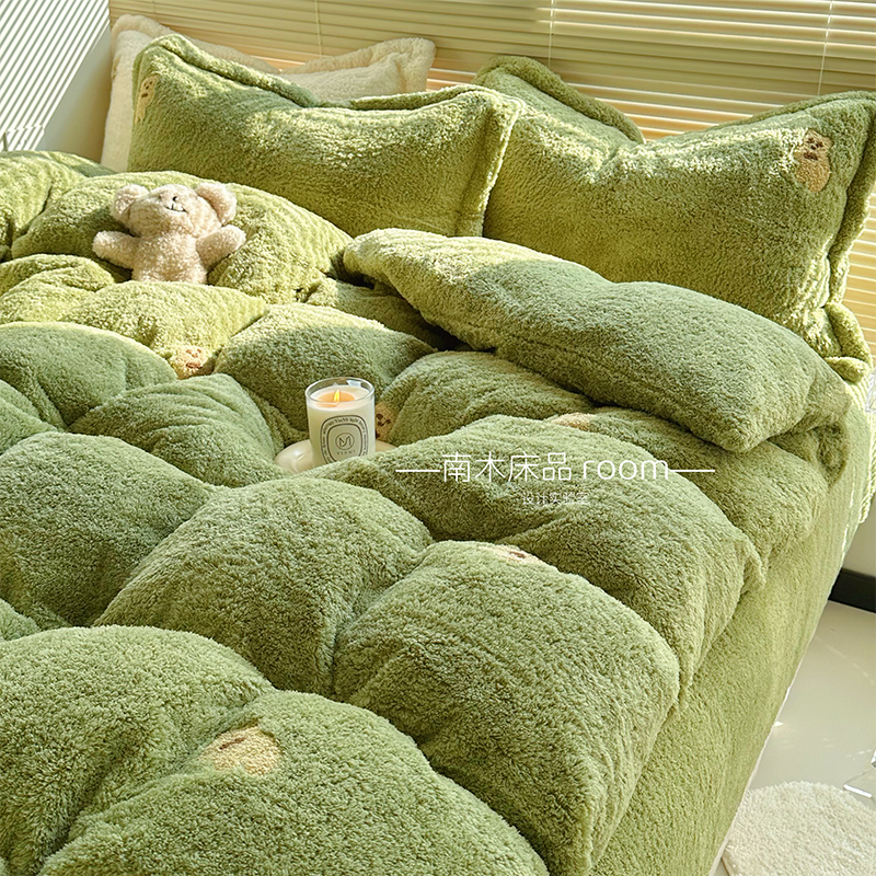 ins卡通熊加厚泰迪绒四件套