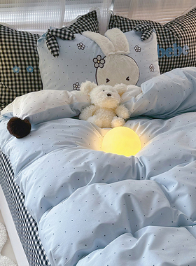 晚安兔兔｜ins可爱卡通刺绣全棉水洗棉三四件套蓝色波点纯棉床品