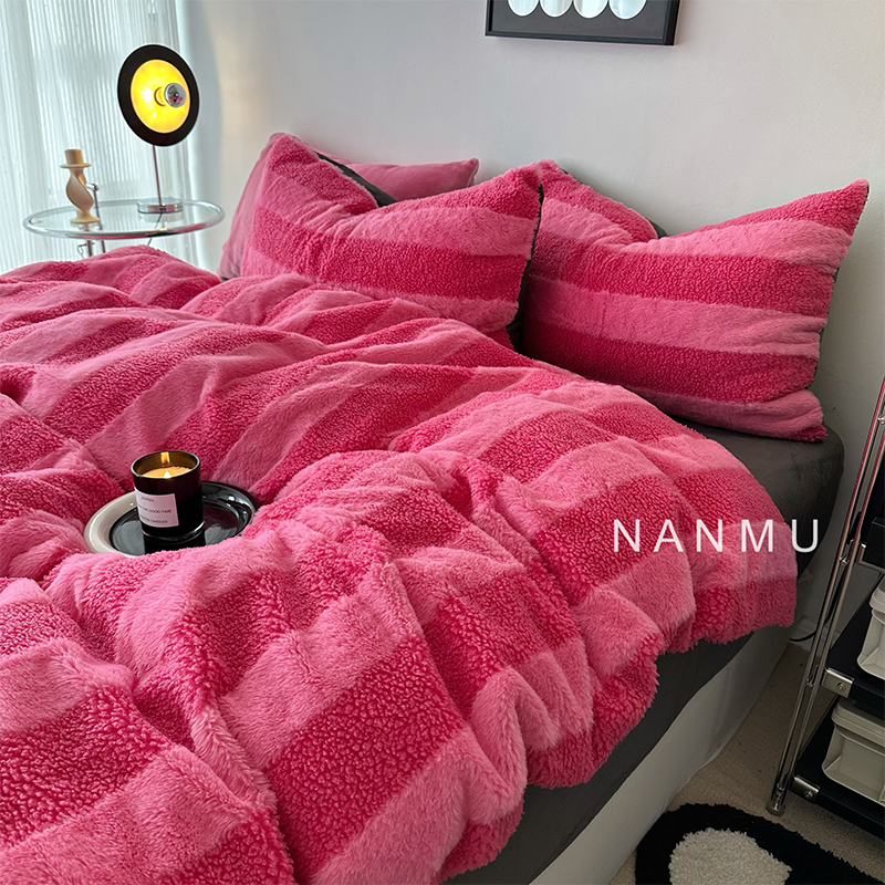 Rose｜博主玫粉色条纹加厚羊羔绒四件套冬天牛奶绒法莱绒灰色床单