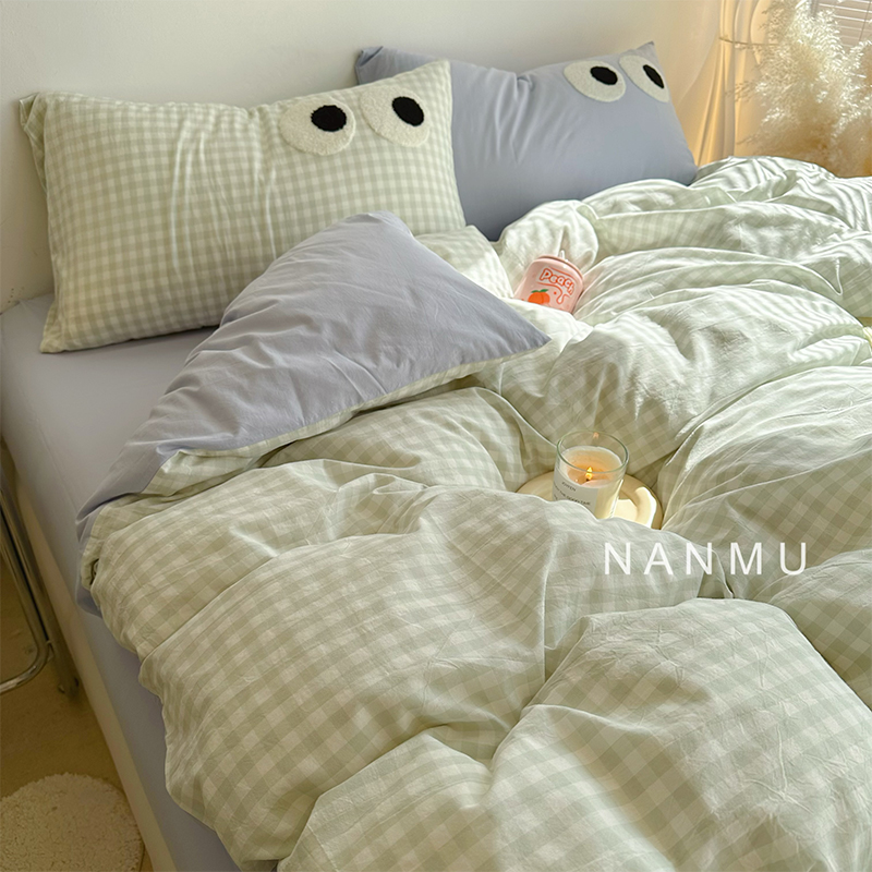 简约奶油绿格子全棉AB版被套