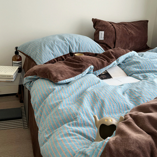 复古room｜ins博主简约蓝咖色条纹棉加绒四件套1.8牛奶绒床单床笠
