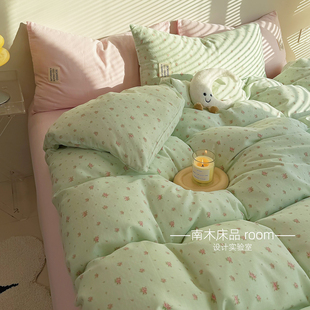 栀夏来信｜ins清新薄荷绿碎花全棉双层纱四件套1.8米床笠纯棉裸睡