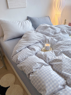 18岁｜简约治愈系蓝色全棉水洗棉格子四件套文艺风细条纹宿舍床品