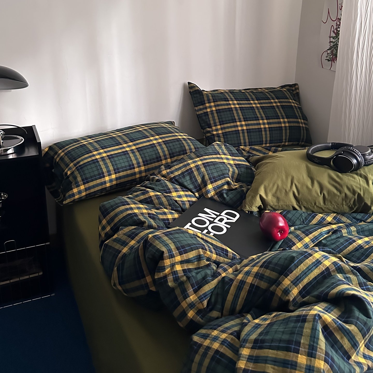 弥生树｜ins英伦风复古绿格全棉四件套1.8床笠款纯棉被套男生床品