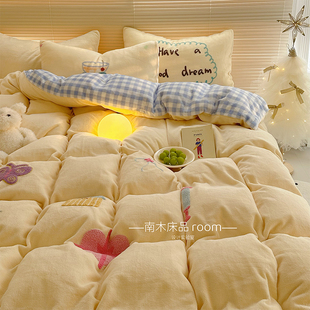 梦幻乐园|ins奶油黄加厚牛奶绒四件套冬天珊瑚绒法莱绒格子床单