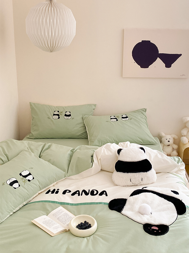 小困包|送抱枕可爱熊猫全棉水洗棉四件套清新绿纯棉床品1.8m床笠